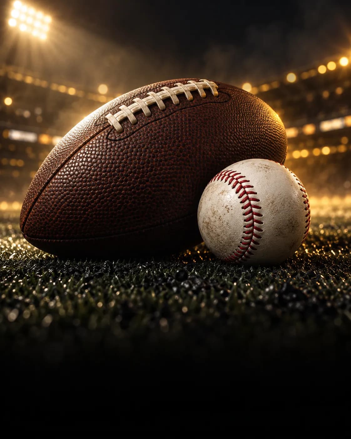 Balón de fútbol americano y pelota de béisbol sobre césped artificial