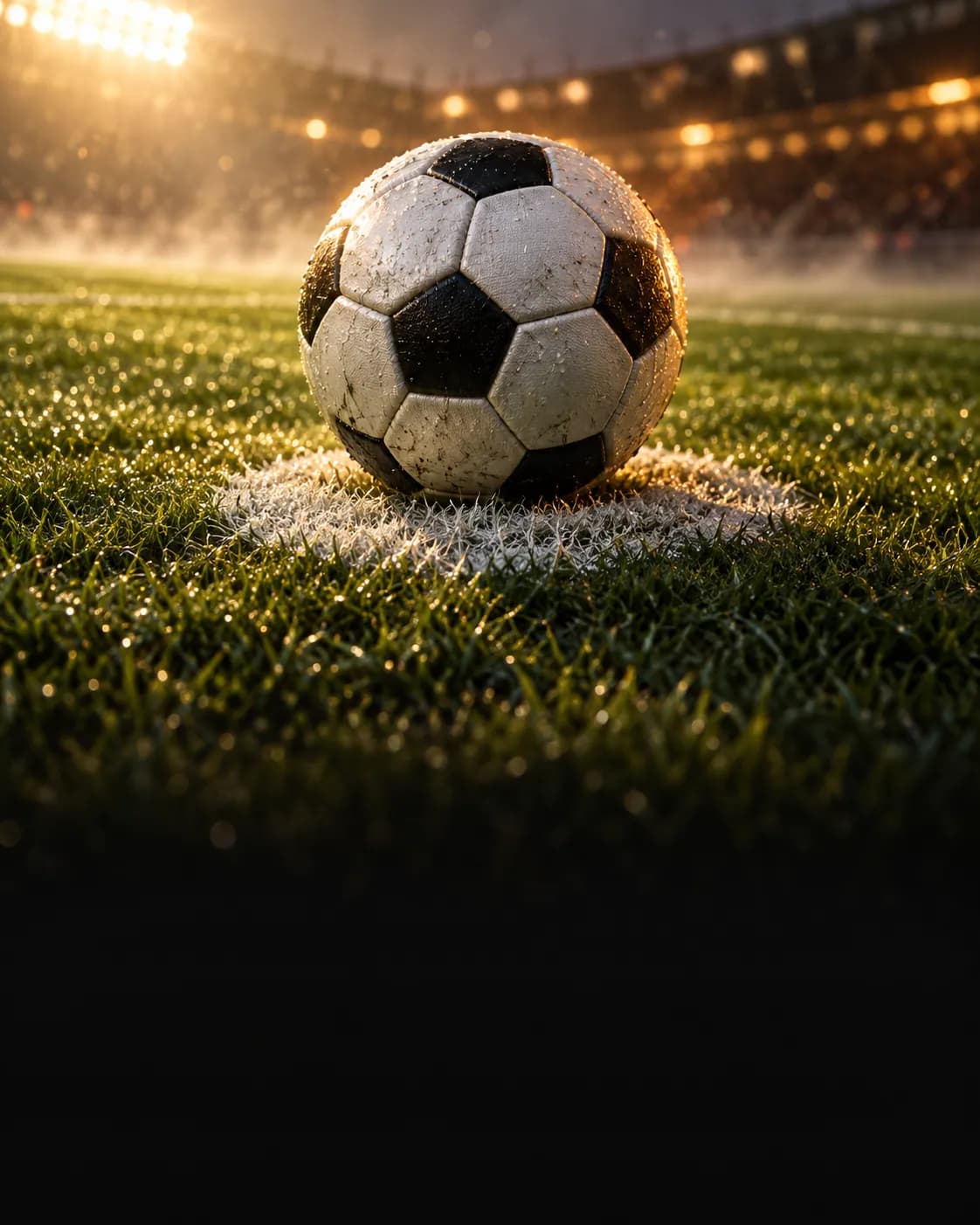 Balón sobre el punto de penalti de un campo iluminado