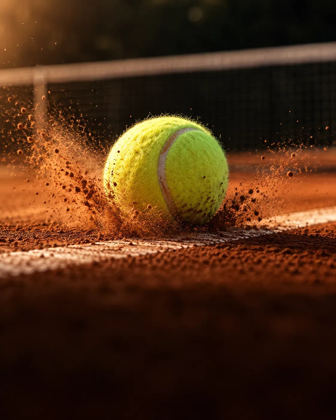 Pelota de tenis impactando en tierra batida